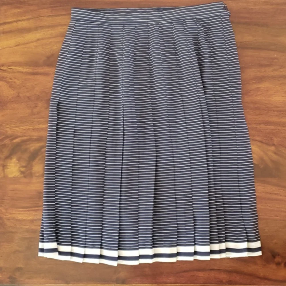 Vintage Navy White Stripe Pleated A-Line Skirt Nautical Preppy Mid-Length M